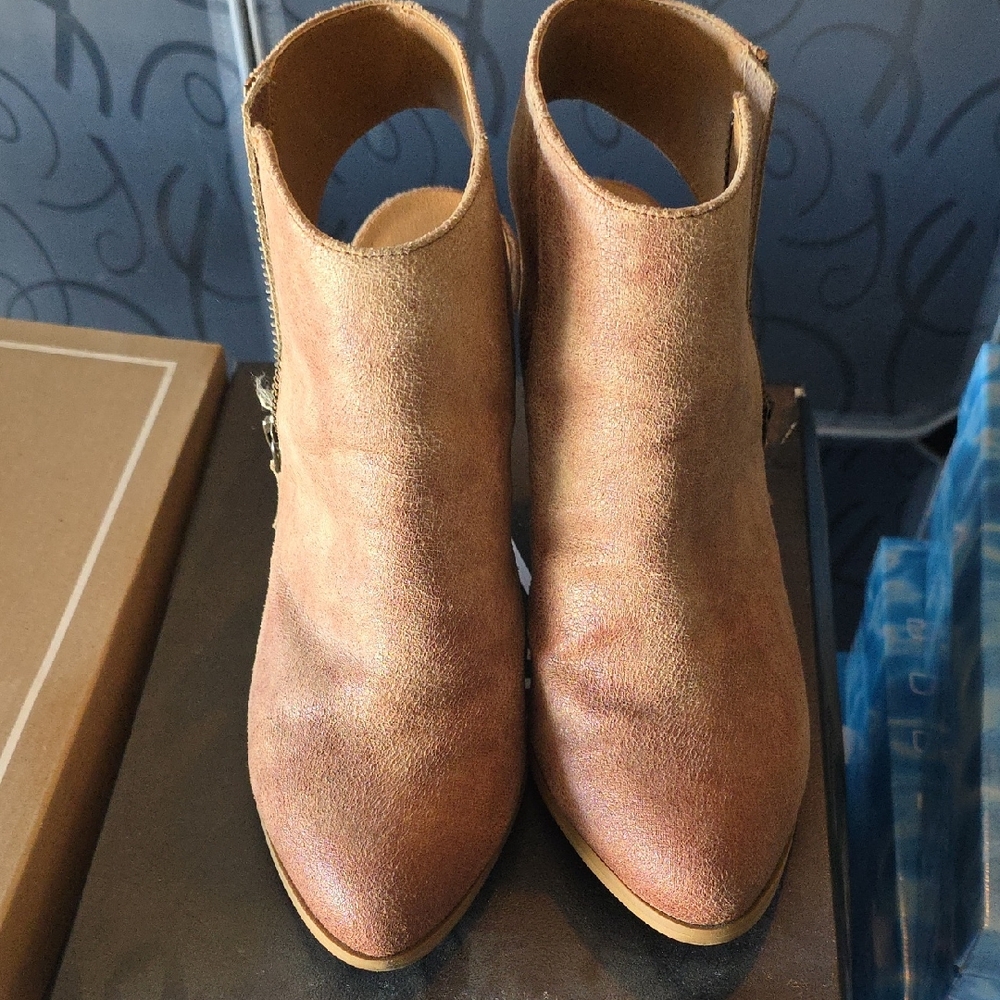 Tan Suede Ankle Booties with Stacked Heel